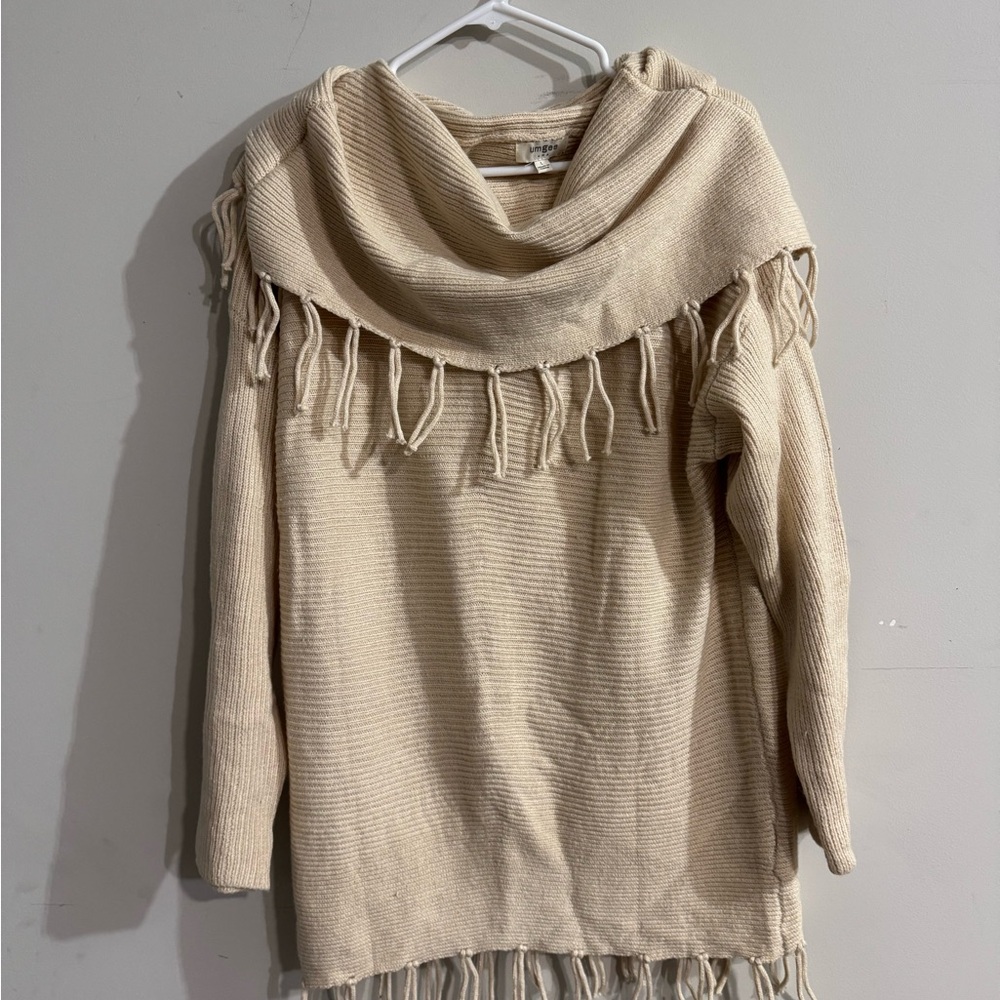 Umgee Cream Fringe Cowl Neck Sweater